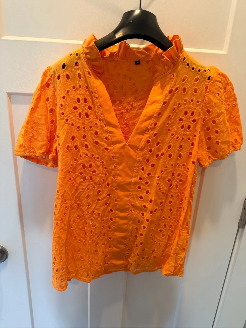 Orange Eyelet Embroidered Puff Sleeve Ruffle Blouse Top Medium